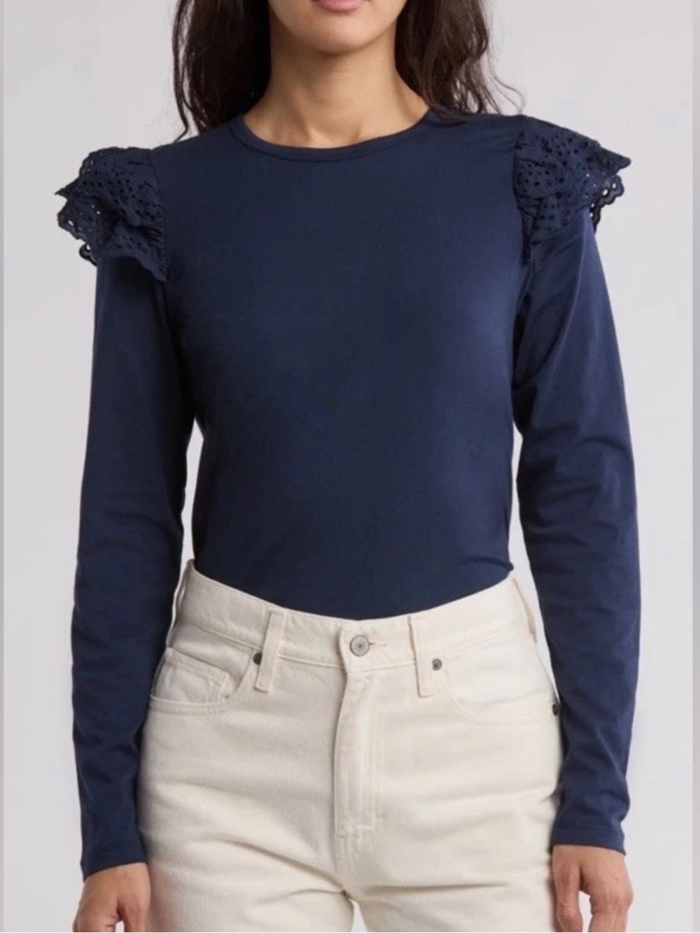 Joe's Jeans Navy Ruffle-eyelet Long Sleeve Top 100% cotton  size M